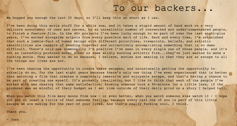 Thank you note to our backers.